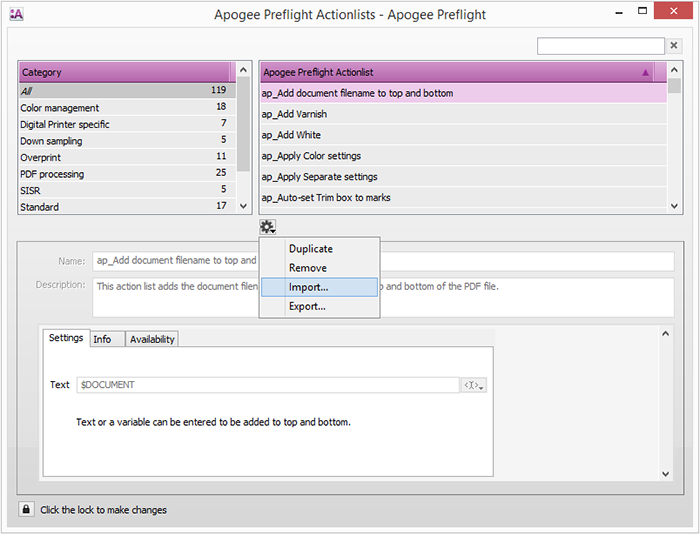 Importing new Apogee Preflight Actionlists in Asanti